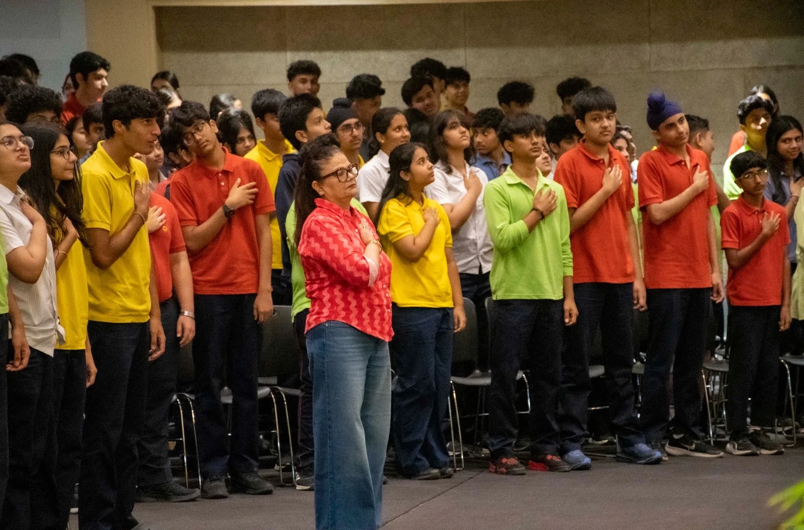 Students and counsellors during a mental health pledge signing at The Shri Ram School